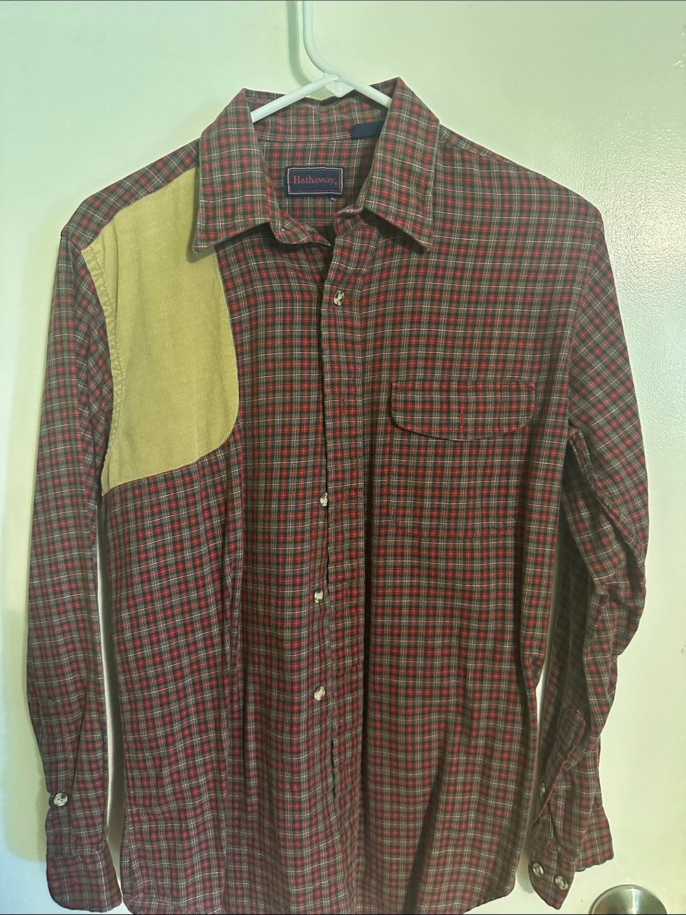 Hathaway Men's Red Plaid Button-Down Shirt with Tan Shoulder Accent